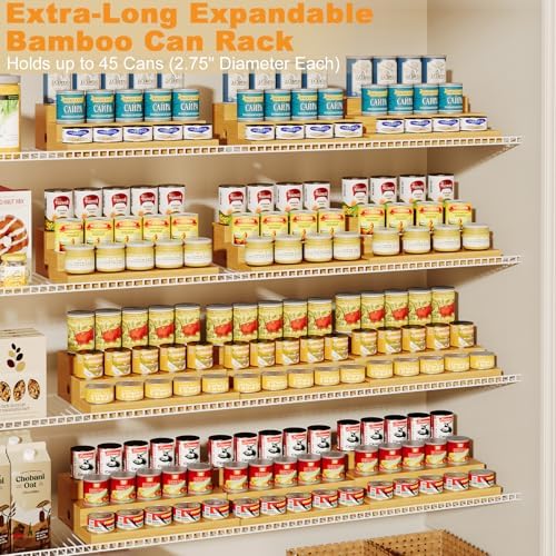 3-Tier Extra-Long Expandable Bamboo Can Rack for Pantry, Holds 45 Cans - Image 2