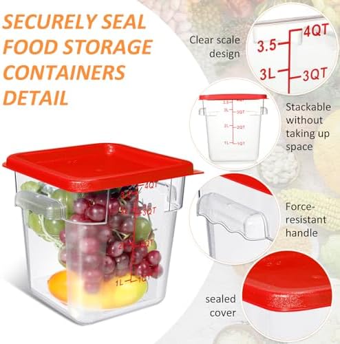 Yungyan 6 Pcs Commercial Clear Food Storage Containers 4 Qt Square Acrylic Airtight Food Storage Containers with Lids for Kitchen Restaurant Pantry Freezer Flour Sugar(Red) - Image 3