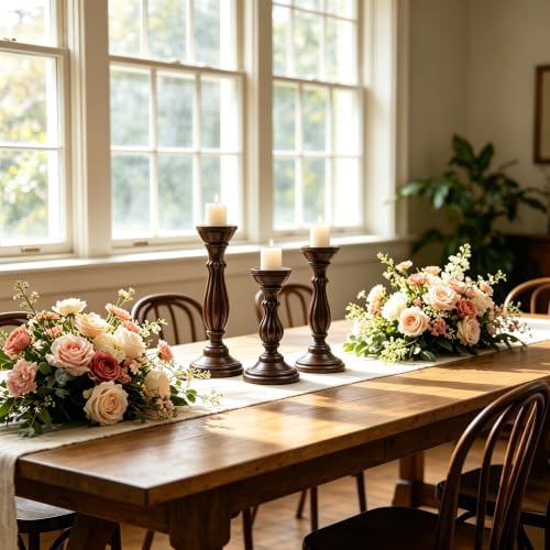 Hosley Set of 3 Dark Brown Wood Pillar Candle Holders 13 Inches 11 Inches and 9 Inches High Ideal for LED and Pillar Candles Gifts for Weddings Party Home Spa Reiki Aromatherapy - Image 3