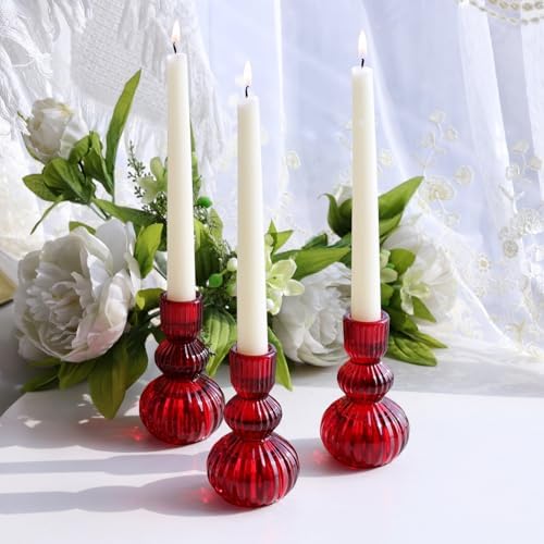 Woho 3pcs Red Taper Candle Holders Glass, Candlestick Holders for Christmas - Image 7