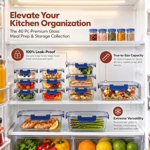 Razab 40 PC Set Glass Meal Prep Containers with Airtight Lids, Bento Boxes - Image 4