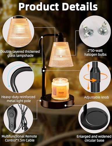 Candle Warmer Lamp for Jar Candles, Height Adjustable & Dimmable with 2/4/8H Timer, 2*50W Halogen Wax Melter Warmer for Home Office Décor, Flameless & Smokeless, Gift for Women Mom, Black-Clear/1 Pack - Image 6