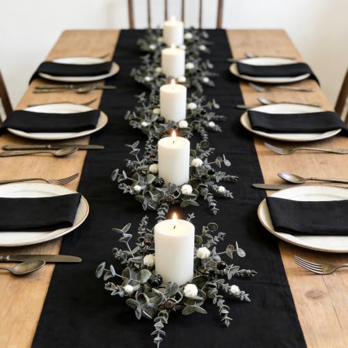 6 Pcs Grey Eucalyptus Halloween Mini Candle Ring Wreaths White Black Mini Pumpkin with Berry Accents Artificial Pillar Candle Holder Wreath for Gothic Rustic Home Cabinet Table Porch Decoration - Image 3