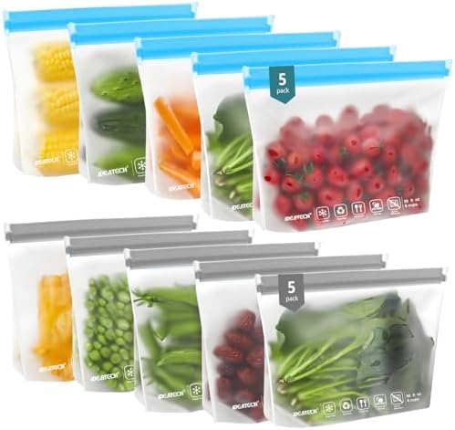 IDEATECH 10Pack Reusable Quart Freezer Bags, Food Storage Bags Stand Up by IDEATECH