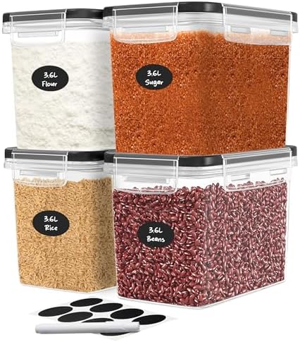 DWËLLZA KITCHEN Flour Sugar Storage Containers Set of 4; 3.6L Plastic Airtight Food Storage Containers with Lids for Kitchen Pantry Organization and Storage - Dry Food Containers, Labels & Marker by DW%C3%8BLLZAKITCHEN