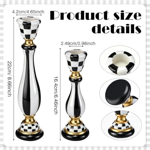 2 Pcs Black and White Checkerboard Taper Candle Holder,Classic - Image 3