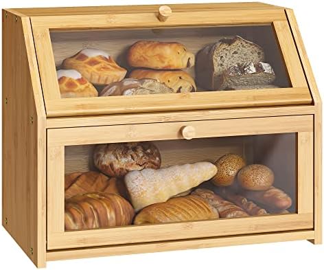 BMOSU Farmhouse Bread Box for Kitchen Countertop Bread box Double Layer Bamboo Wooden Extra Large Capacity Bin Kitchen Food Storage Container(Natural) by BMOSU