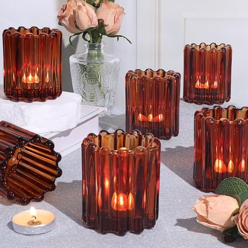 6 Pcs Votive Candle Holder, Amber Glass Vintage Tea Light Candle Holders by LOVELIGHTLOVELIFE
