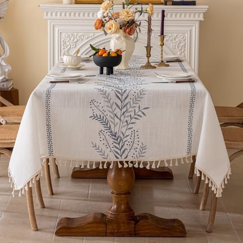 Joyfol Day Rustic Waterproof Linen Tablecloth, Heavy Weight Fern Embroidery Table Cloths for Rectangle Tables, Farmhouse Spill-Proof Table Covers with Tassels, Blue 55''x 120'' - Image 2