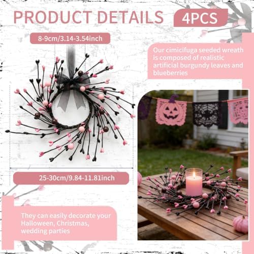 4 Pcs Pink Halloween Mini Candle Ring Wreaths Black Twig & Pink Buds with Bead Accents Artificial Pillar Candle Holder Wreath for Spooky Cute Gothic Home Cabinet Table Porch Decoration - Image 2