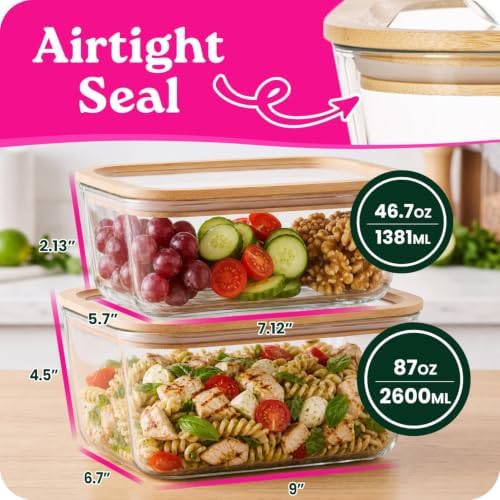Large Glass Food Storage Containers Set with Glass Lids & Bamboo Rim – Set Of 2, Plastic Free Glass Meal Prep Containers for Lunch, Eco Friendly Food Storage, Microwave & Oven Safe - Image 2