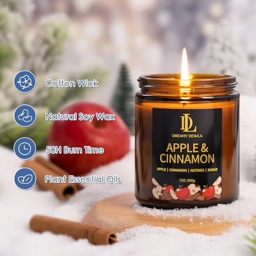 DL DREAMY DEWLA Fall Candle, Apple & Cinnamon Scented for Home, 7oz Soy Wax - Image 3