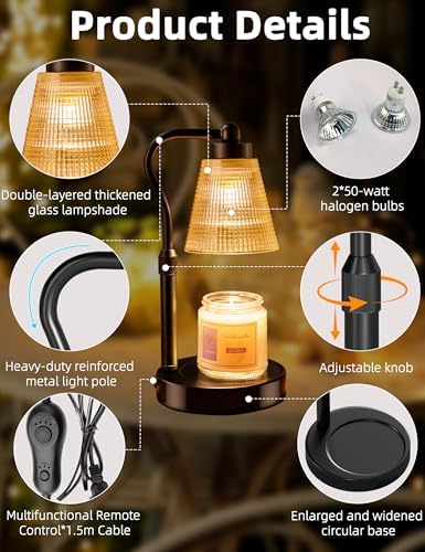 Candle Warmer Lamp for Jar Candles, Height Adjustable & Dimmable with 2/4/8H Timer, 2*50W Halogen Wax Melter Warmer for Home Office Décor, Flameless & Smokeless, Gift for Women Mom,Black-Amber/1 Pack - Image 6