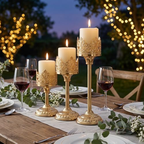 Candle Holder for Pillar Candle Set of 3, Gold Vintage Tall Candleholders for 3 Inch Pillars, Rustic Candle Stand for Fireplace Mantle Shelf Table Home Decor - Image 4
