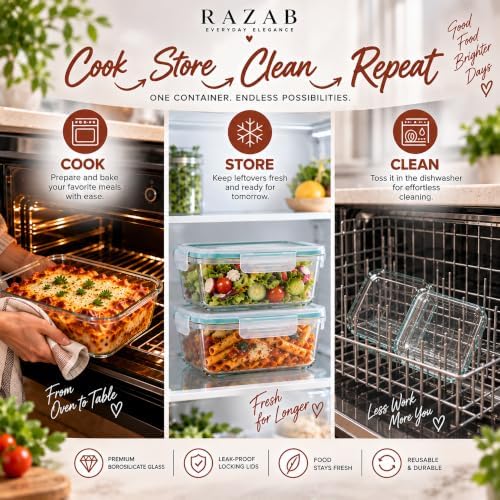 Razab 6.5 Cups / 52 Oz 4 Piece (2 Containers + 2 Lids) Glass Food Storage Containers Set with Airtight Locking Lids - For Storing, Baking & Serving BPA Free, Leakproof - Microwave, Freezer & Oven Safe - Image 6