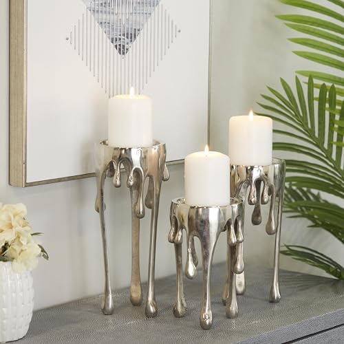 CosmoLiving by Cosmopolitan Aluminum Metal Abstract Decorative Candle Holder Melting Drip Candle Stand, Set of 3 Candlestick Holder 12", 10", 8"H, Silver - Image 5