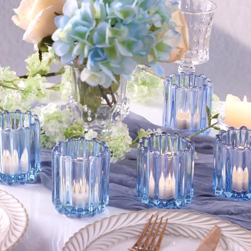 HAVITI Glass Blue Votive Candle Holder, Ribbed Votive Candle Holders Set of 12, Tealight Candle Holder for Wedding Centerpieces Dinner Party Table Decor - Image 4