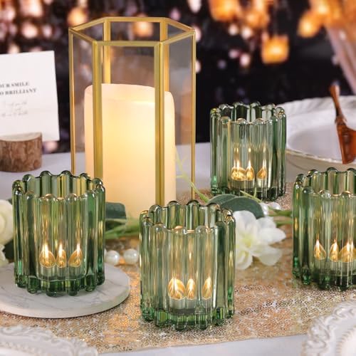 12PCS Glass Green Votive Candle Holder, Ribbed Tea Light Candles Holders - Image 5