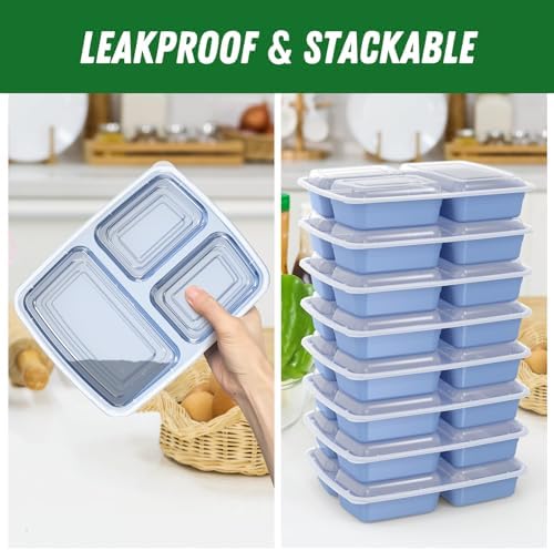 Dealusy 50 Pack 32 oz Meal Prep Containers with Lids 3-Compartment, Blue - Image 4