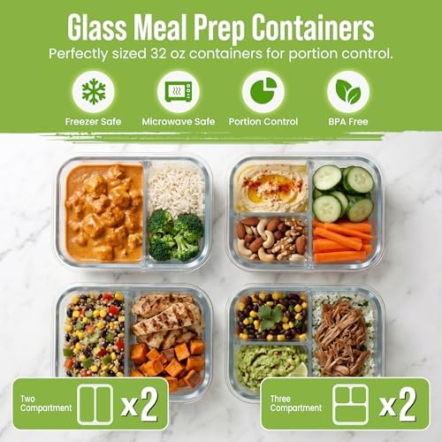 Glass Meal Prep Containers 2 and 3 Compartments, Leak-Proof, 32 oz, 4 Pack - Image 5