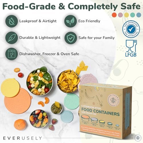 Microwavable Stainless Steel Food Containers, Lunch Boxes, Set of 5, Bright - Image 4