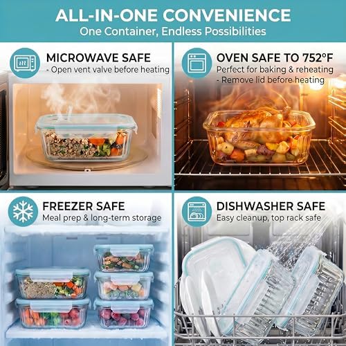 5-Packs, 36 Oz Glass Meal Prep Containers with Snap Locking Lids Glass Food Containers,Airtight Lunch Container,Microwave, Oven, Freezer and Dishwasher - Image 4