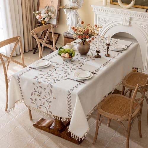 Joyfol Day Rectangle Linen Tablecloth, Heavy Duty Waterproof Tablecloths, Farmhouse Embroidery Leaves Table Cloth with Tassels, Soft Wrinkle Free Table Cover, Coffee Vines, 55''x 86'' by JoyfolDay