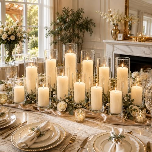 24 Pcs White Pillar Candles and Glass Cylinder Vases Clear Glass Pillar Candle Holders Hurricane Glass Candle Holders for Table Centerpieces Wedding, Party, Event, Home Office by Unknown
