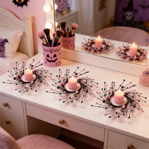 4 Pcs Pink Halloween Mini Candle Ring Wreaths Black Twig & Pink Buds with Bead Accents Artificial Pillar Candle Holder Wreath for Spooky Cute Gothic Home Cabinet Table Porch Decoration - Image 7