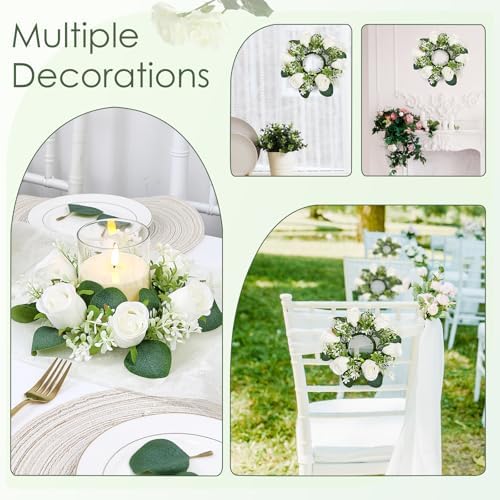White Rose Candle Rings with Flameless Candles Sets - 12PCS Artificial Flower Eucalyptus Wedding Centerpiece 3 Inch Pillar Candleholders Wreaths for Wedding Party Decor (White - 6 Sets) - Image 6