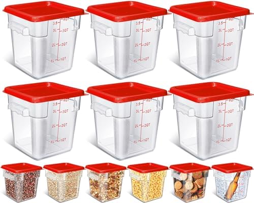 Yungyan 6 Pcs Commercial Clear Food Storage Containers 4 Qt Square Acrylic Airtight Food Storage Containers with Lids for Kitchen Restaurant Pantry Freezer Flour Sugar(Red) by Yungyan