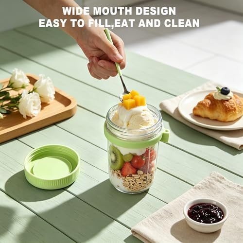 4Pcs Overnight Oats Containers with Lids and Spoons,16oz Glass Meal Prep Jars with Measurement Marks, Leak-Proof Breakfast Food Storage for Yogurt, Cereal, Salad, BPA-Free (4 Colors) - Image 5