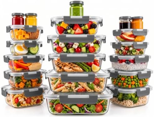 Razab 40 PC Glass Kitchen Storage Containers with Lids, Stackable Set by RazabHomeGoods