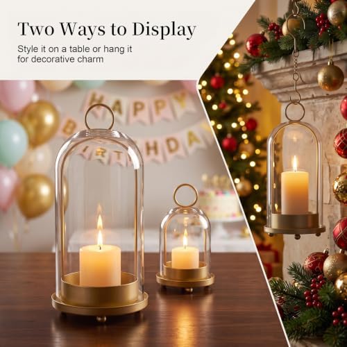 Fohil Hurricane Glass Candle Holders, Set of 2 Metal Candle Holder with Handmade Sturdy Glass Dome, 5" & 4" Wide Candle Lantern for Pillar Candles, Plants, Table Centerpiece, Home Decor - Image 3