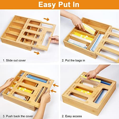 DUJEN Plastic Bag Organizer for Drawer, Bamboo Food Storage Bags Container Organizer with Slider, Baggie Bags Storage for Drawer Compatible with Gallon, Sandwich Variety Size Bags - Image 4