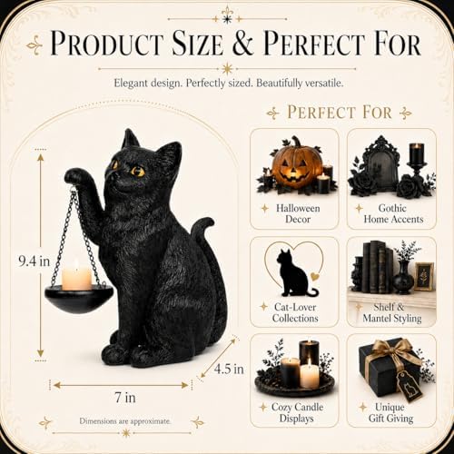 Gothic Black Cat Lamp with Tealight Candle Holder Cat Statue Halloween Decorations Indoor Gothic Home Decor for Living Room Tabletop Shelf Bedroom Unique Goth Witchy Gifts Decor - Image 6