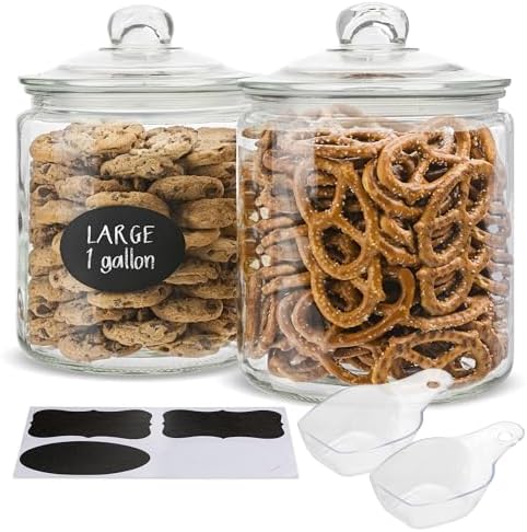 KooK Glass Kitchen Jars, Food & Cookie Storage Containers for Pantry, Bathroom Apothecary Canisters, Airtight Lids, Dishwasher Safe, with Chalk and Labels, 1 Gallon, Set of 2 by Kook