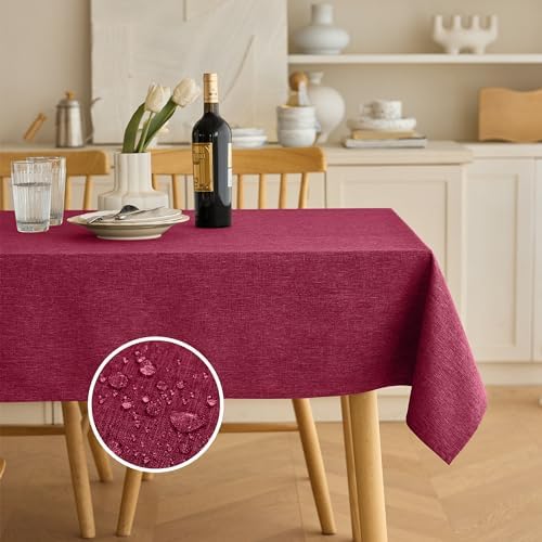 Decorelia Christmas Red Waterproof Faux Linen Rectangle Tablecloth, Spillproof Outdoor Reusable Table Cloth for Patio,Holiday,Banquet,Party,Buffet Dinner (Oblong,60 x 120 Inch (10-12 Seats),Burgundy) by Decorelia