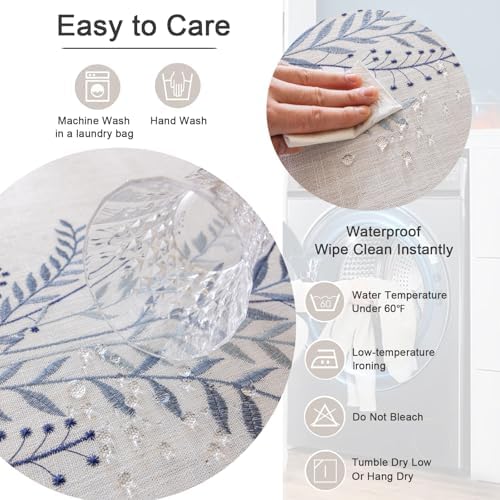 Joyfol Day Rustic Waterproof Linen Tablecloth, Heavy Weight Fern Embroidery Table Cloths for Rectangle Tables, Farmhouse Spill-Proof Table Covers with Tassels, Blue 55''x 70'' - Image 5