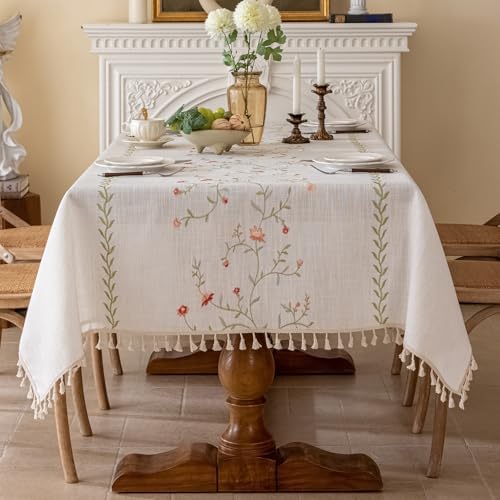 Joyfol Day Linen Spring Flowers Tablecloth with Tassels, Rustic Farmhouse Embroidery Waterproof Table Cloths for Rectangle Tables, Heavy Weight Spill-Proof Table Covers, Pink Florals, 55''x 102'' - Image 2