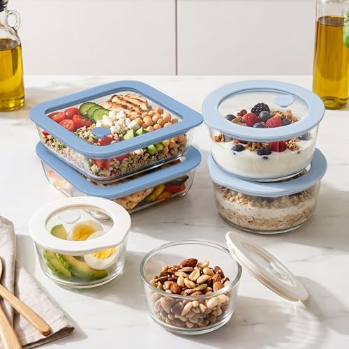Urban Green Glass Food Container Set with Silicone Glass Lid, Square & Round Shape, 6 Pack, Airtight, LeakProof, 100% Plastic Free, Meal Prep Food Storage Containers, Blue & White Color - Image 7