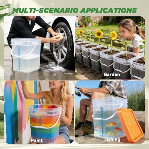 5 Pack 5 Gallon Square Plastic Bucket with Lids and Graduation Marks, Food Grade Clear Storage Containers for Kitchen & Industrial, BPA Free Heavy Duty Pail with Handle for Liquid, Paint, Grain - Image 5