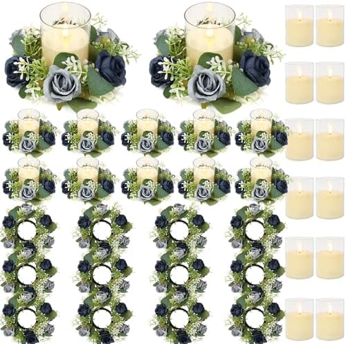 Blue Rose Candle Rings with Flameless Candles Sets - 24PCS Artificial Flower Eucalyptus Wedding Centerpiece 3 Inch Pillar Candleholders Wreaths for Wedding Party Decor (Blue - 12 Sets) by ACMEE