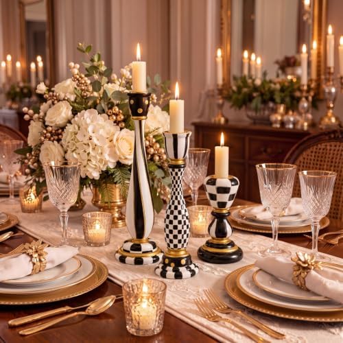 3 Pcs Black and White Checkerboard Taper Candle Holder,Vivid - Image 5