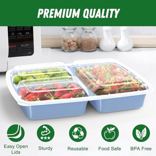 Dealusy 50 Pack 32 oz Meal Prep Containers with Lids 3-Compartment, Blue - Image 3