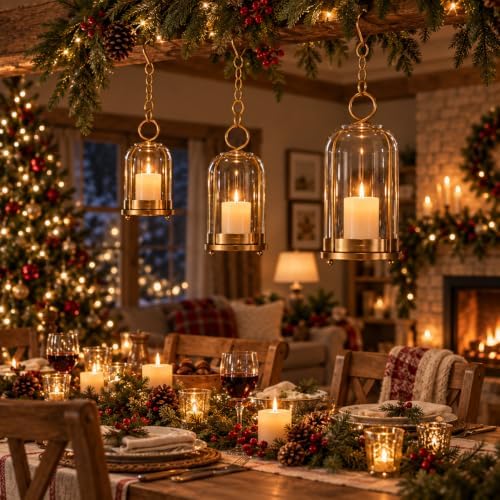 Hurricane Glass Candle Holders Set of 3, Gold Candle Lanterns with Hooks - Image 4