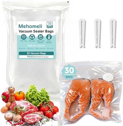 Mehomeli Reusable Vacuum Sealer Bags, 30 Medium Bags, 11in × 10.2in by Mehomeli