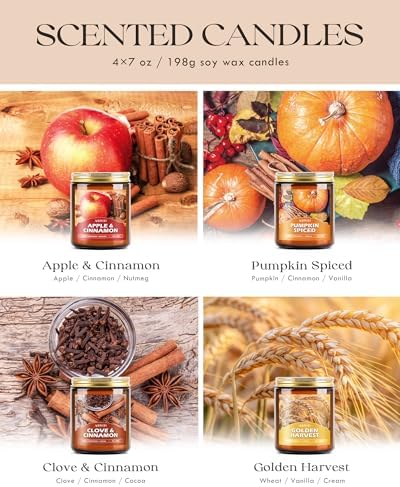 AOOVOO Fall Candles Set - 4 Pack Candles for Home Scented, 28 oz Natural Soy Wax 200 Hour Long Lasting, Autumn Gifts Set for Women Men Fall Fragrance of Pumpkin/Apple Cinnamon/Clove/Wheat Vanilla - Image 3