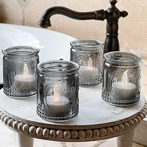 Kate Aspen Smoke Gray Vintage Glass Tealight Votive Candle Holders with Fleur-de-lis Design, Set of 8 - Perfect for Farmhouse Room & Shelf Decor - Image 4