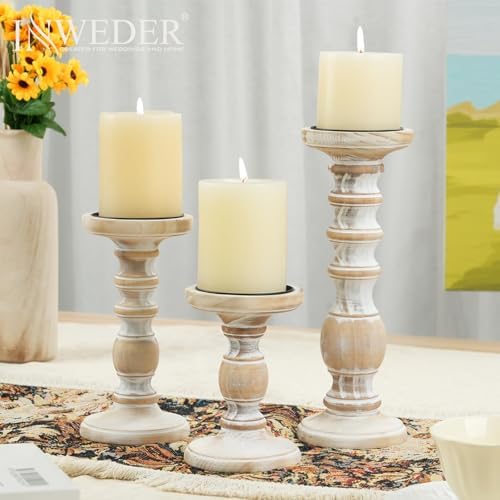 Wood Pillar Candle Holder: Rustic Distressed White Candle Stand - Image 2